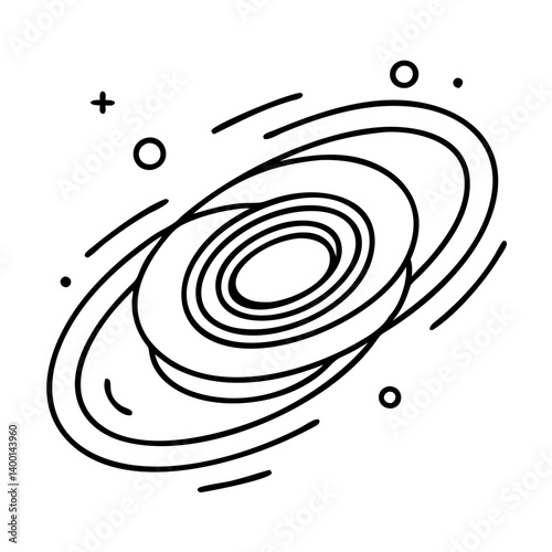 A swirling galaxy illustration in a line art style showing cosmic motion and celestial bodies