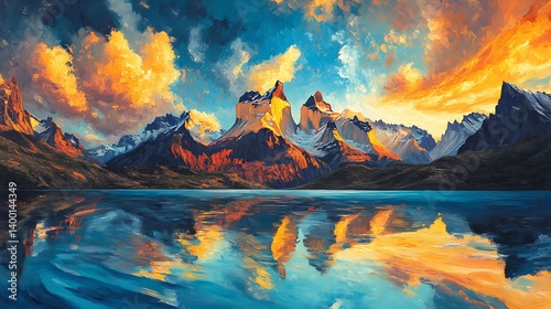 A breathtaking oil painting of Torres del Paine at sunrise, jagged mountain peaks bathed in golden light, a turquoise glacial lake reflecting the dramatic sky, swirling clouds drifting above,