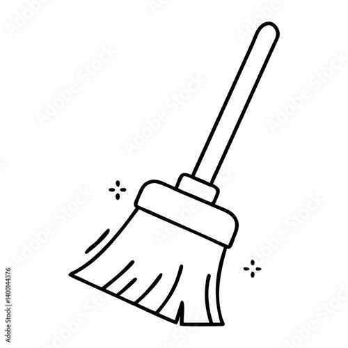 A Simple Line Drawing of a Broom Cleaning and Sweeping