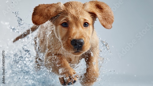 Adorable puppy makes a splash, joyful romp through summer puddle playful