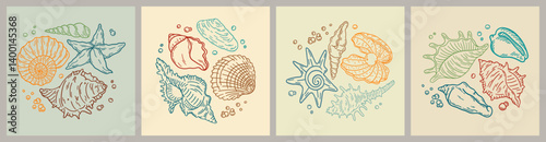 Set of different posters with shells and starfish. Aquarium plants. Underwater flora, marine elements. Vector illustrations.
