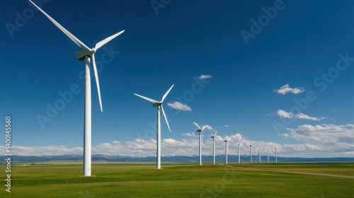 Wallpaper Mural Tall wind turbines stretch across an expansive field, harnessing wind energy as fluffy clouds drift in a bright blue sky. The landscape showcases sustainable energy production Torontodigital.ca
