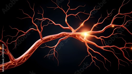 The image shows a 3D rendering of a neuron, a nerve cell, with its branching dendrites and axon highlighted by glowing lines, set against a dark background.