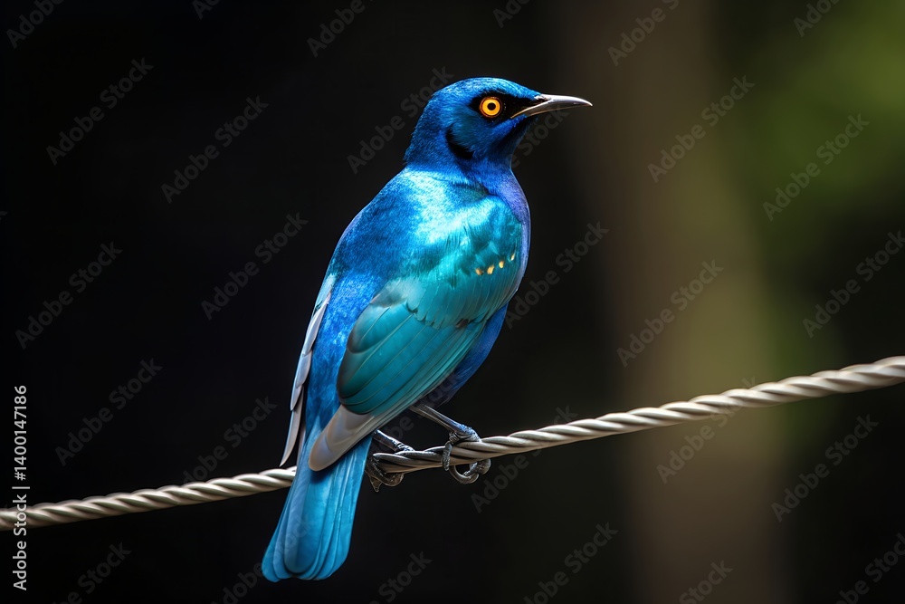 Obraz premium Splendid Glossy Starling Bird Perched On Wire Striking Orange Eyes And Beautiful Blue Plumage Against A Dark Background, glossy starling, bird, blue, plumage, feathers, iridescent, vibrant, orange eye