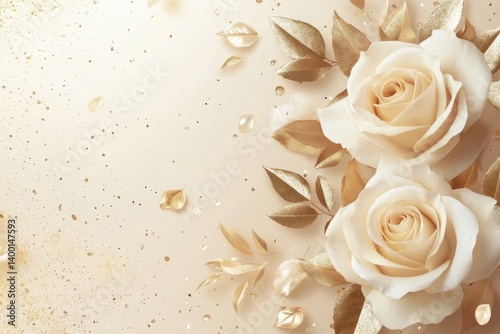 Elegant ivory roses with golden leaves and sparkling accents against a soft beige background for romantic designs