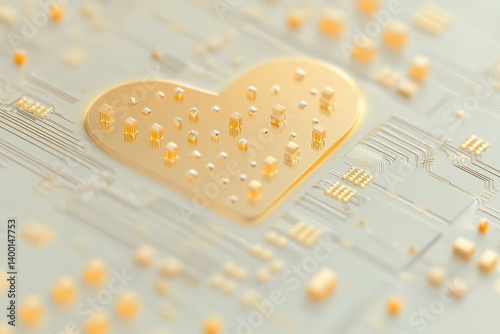 Pixel Heart Design Featuring a Smooth Color Gradient on a Digital Circuit Background Creates a Visually Appealing and Modern Aesthetic
