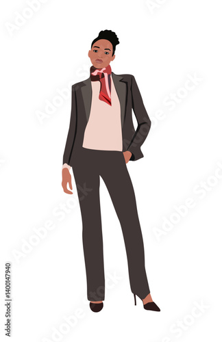 Modern business woman wearing elegant formal suit, high heels and silk scarf. Attractive young lady boss standing in stylish office outfit. Female cartoon character vector flat realistic illustration.