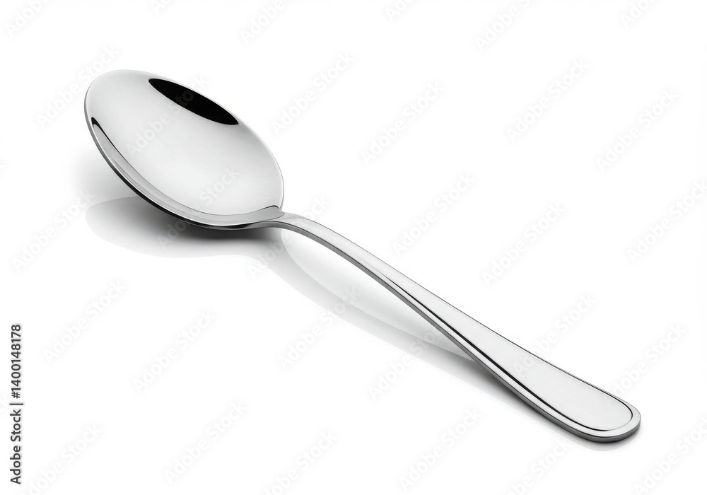A shiny metal spoon with a curved handle lying diagonally on a plain white surface casting a shadow A shiny metal spoon with a curved handle lying diagonally on a plain white surface casting a shadow
