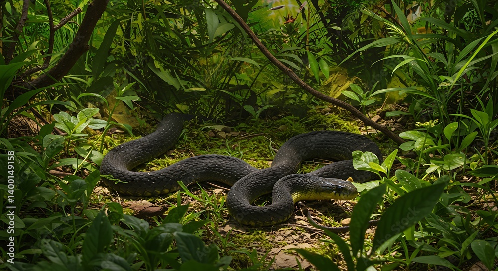 Snake in Forest Environment Surrounded by Lush Green Foliage Snake in Forest Environment Surrounded by Lush Green Foliage