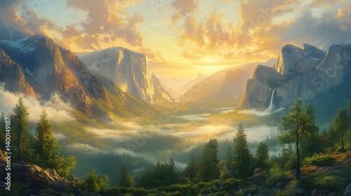 A breathtaking oil painting of Yosemite’s Half Dome at sunrise, golden light spilling over the granite cliffs, a misty valley below filled with lush greenery, dramatic clouds drifting above,