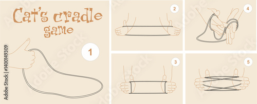 Cat's cradle game. Sketch of hands with string - Cat's Cradle game 5 steps instruction. Vector line art ink style illustration.