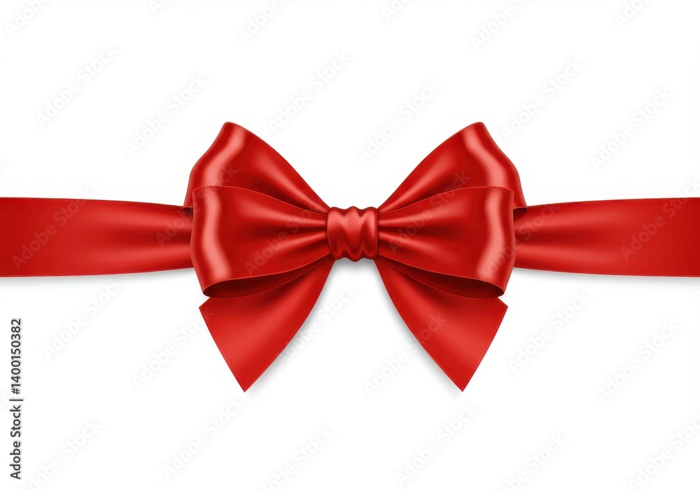 Fototapeta premium A shiny red satin bow centered on a white background with horizontal ribbon tails extending out wide