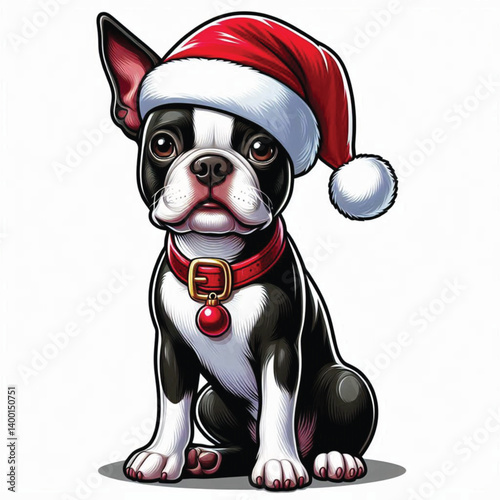 christmas Boston Terrier Dog wearing santa claus hat Cartoon Vector Illustration isolated
