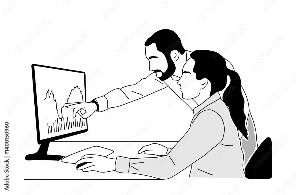 Business couple, man and woman sitting at the desk looking at computer display with stock or cryptocurrency trading analytic charts. Simple outline hand drawn illustration isolate on white background. Business couple, man and woman sitting at the desk looking at computer display with stock or cryptocurrency trading analytic charts. Simple outline hand drawn illustration isolate on white background.