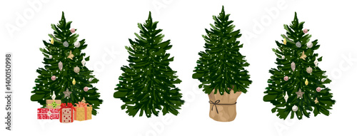Set of Christmas tree flat vector illustrations. Wrapped presents near green spruce decorated. Winter holidays design elements. Traditional Xmas celebration symbols.