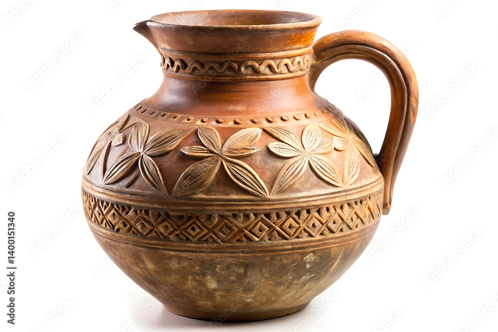 Handcrafted Clay Pitcher With Floral Carvings Ornamental Water Jug On White Background Studio Shot For Product Display, clay pitcher, jug, ceramic, pottery, earthenware, handmade, handcrafted, floral 
