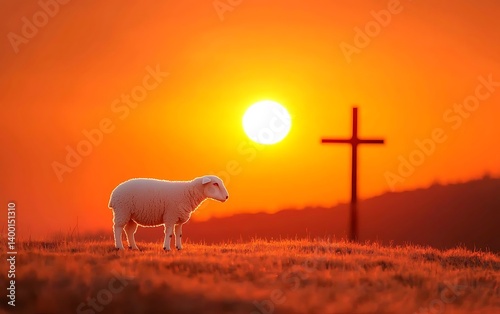 Wallpaper Mural Lamb with Sunset, Cross, and Pasture. Torontodigital.ca