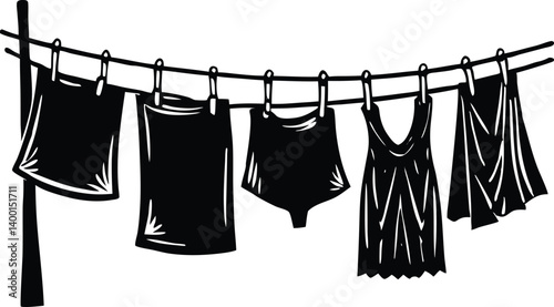  A monochrome illustration of clothes hanging on a line