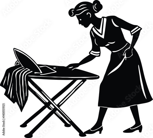 Silhouette of a Homemaker: An elegant silhouette of a woman in a classic dress, diligently ironing a garment on an ironing board