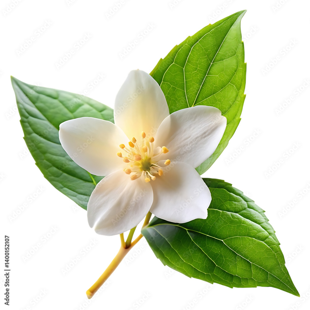 Naklejka premium flor de jasmim branca com folha verde plantas on white bakgrund png