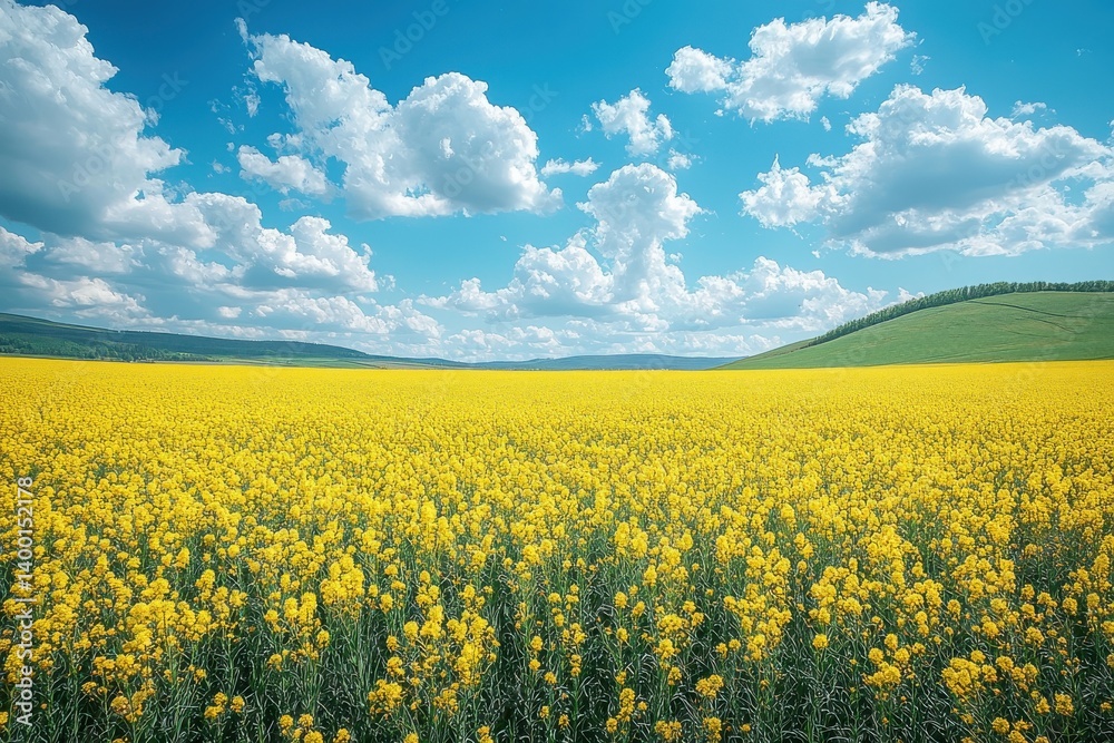 Scenic Landscape of Rapeseed Field Under a Blue Sky With Clouds Scenic Landscape of Rapeseed Field Under a Blue Sky With Clouds