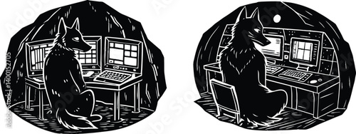 Lone wolf running across the top of a command line terminal window, code trailing behind like smoke, minimalist dark theme