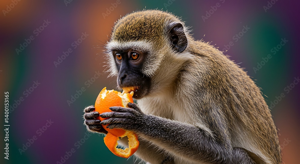Fototapeta premium Monkey Eating Orange Closeup in Nature