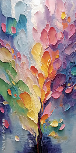 Tree of Colorful Petals in Soft Pastel Background, Close-Up Oil Painting with Thick Impasto Strokes Creating Texture and Depth