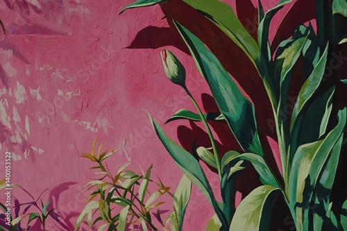 Vibrant pink wall with lush foliage photo