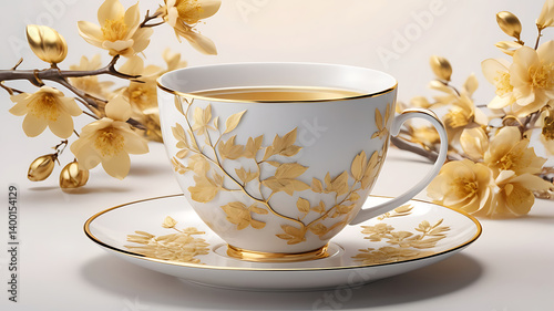 High angle view of the golden blossom set is luxury in teaa cup on a background.