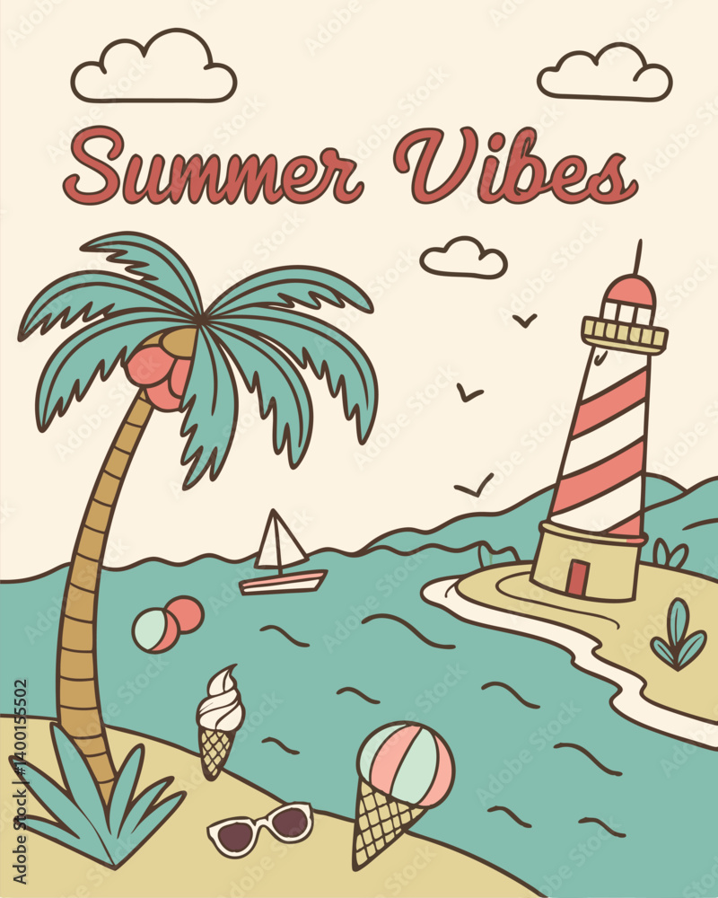 Obraz premium Retro Summer Poster Vector Illustration Design with Vibrant Colors