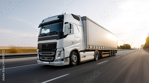Freight truck traveling along a highway during sunset in a rural area