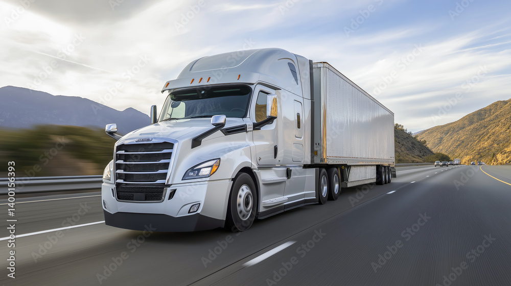 Freight truck traveling along a mountainous highway Freight truck traveling along a mountainous highway