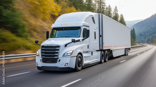 Freight truck traveling along a highway surrounded by mountains