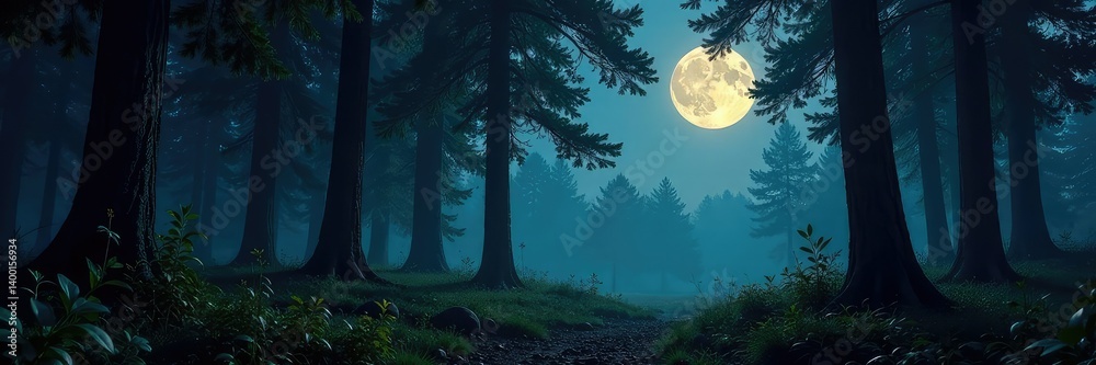 The forest floor is bathed in a soft lunar glow as the full moon casts long shadows across the trees, shadows, full moon