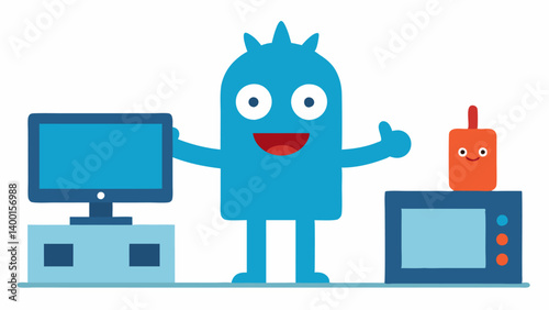 Item Showdown The mascot stands between two large items like a TV and a home gadget pointing at each with a cheeky smile encouraging onlookers to choose the best deal.