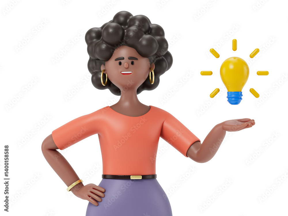 A woman presents a glowing lightbulb, symbolizing a new idea or innovation. 3D rendering, conceptual image. Isolated on white background. A woman presents a glowing lightbulb, symbolizing a new idea or innovation. 3D rendering, conceptual image. Isolated on white background.