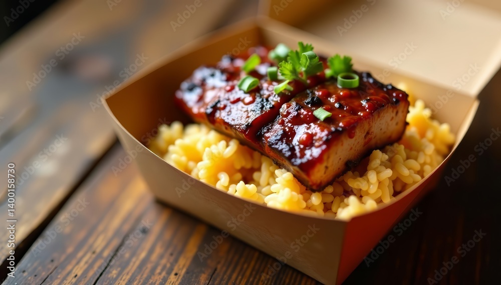 Close-up of ribs and rice in a to-go container on wooden table, takeout, lunch Close-up of ribs and rice in a to-go container on wooden table, takeout, lunch