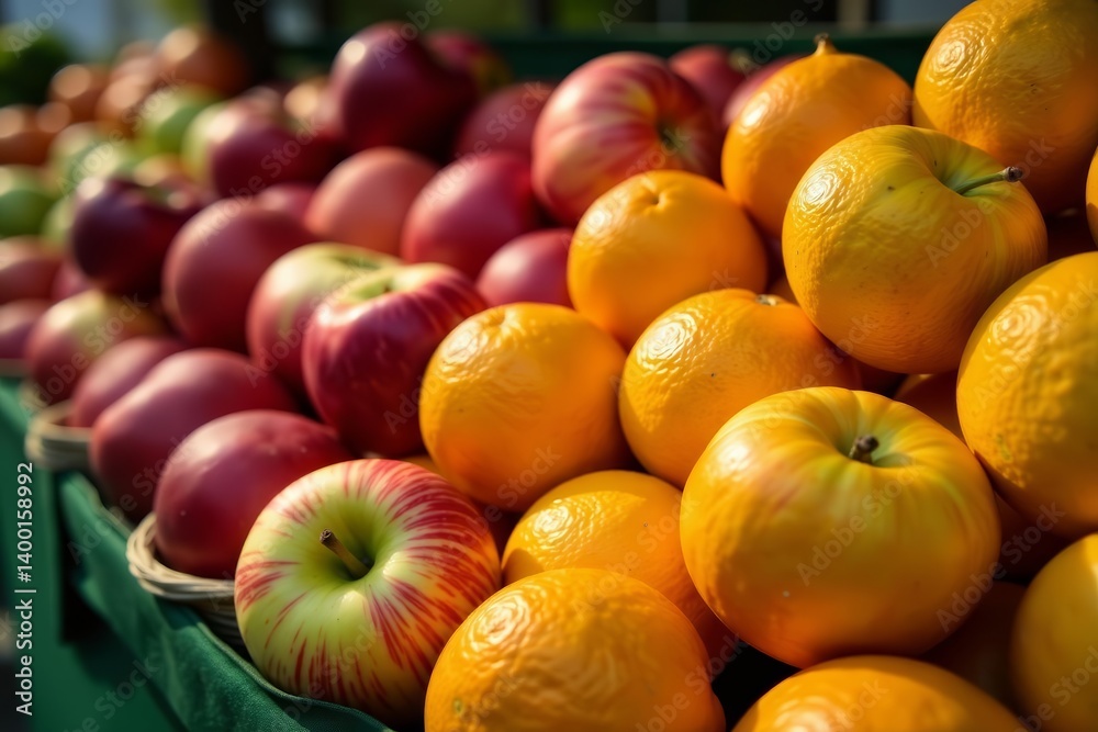 Close-up of ripe apples, oranges, and leafy greens at farmers market stand, leafy greens, vibrant Close-up of ripe apples, oranges, and leafy greens at farmers market stand, leafy greens, vibrant