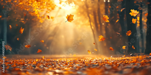 Golden-Hued Autumn Forest with Falling Leaves Wallpaper Background photo