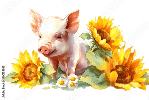 Wallpaper Mural Cute Piglet Surrounded by Bright Sunflowers in a Vibrant Watercolor Illustration Torontodigital.ca