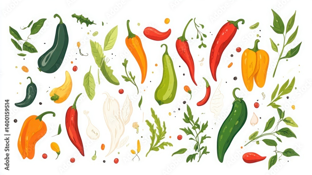 Obraz premium Whole Chili Vector Illustration | Flat Color Hand Drawn Design | Isolated on White Background Art