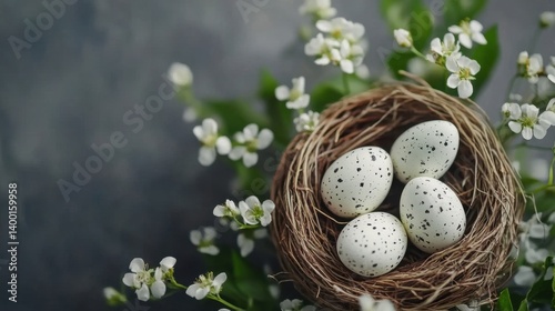 Rustic Easter Nest with Speckled Eggs and Delicate White Blossoms on a Soft Gray Backdrop for Springtime Celebration