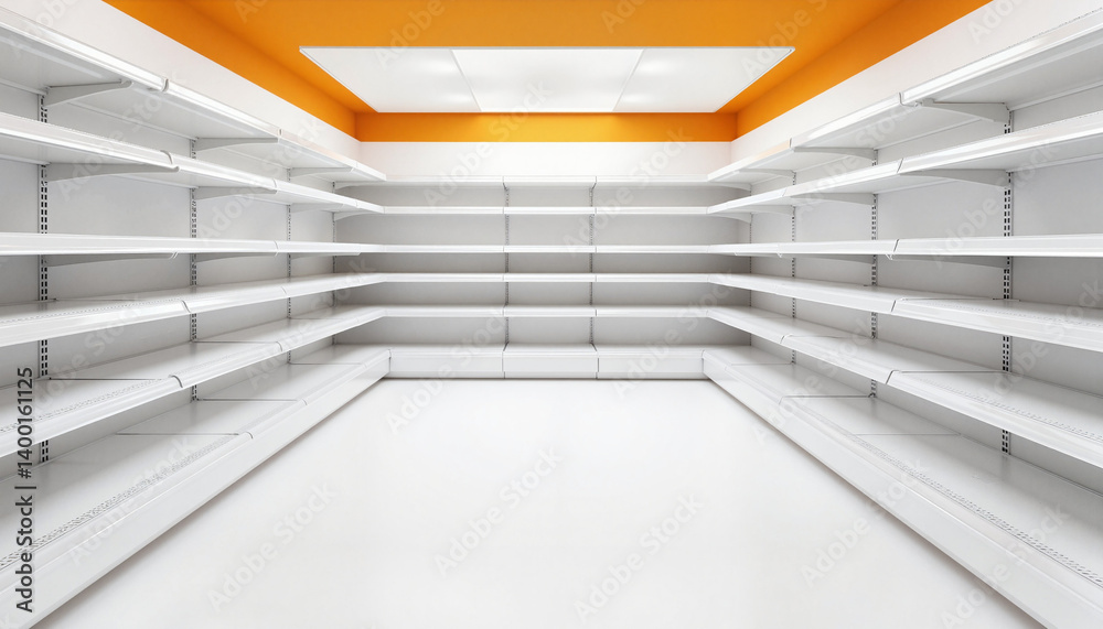 Fototapeta premium Empty modern retail shelves against an orange ceiling 
