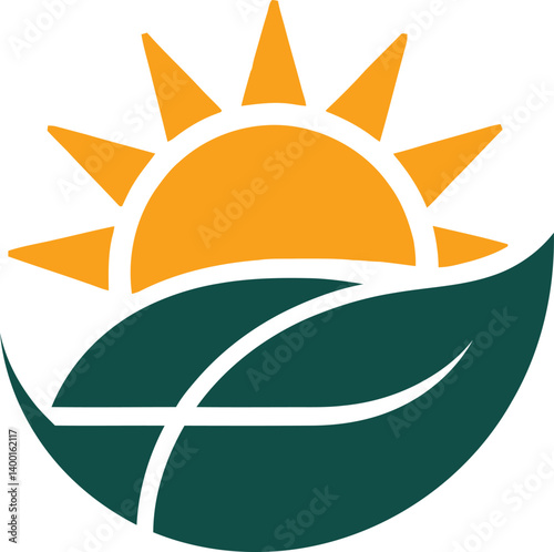 A stylized sun rising behind a leaf. Logo