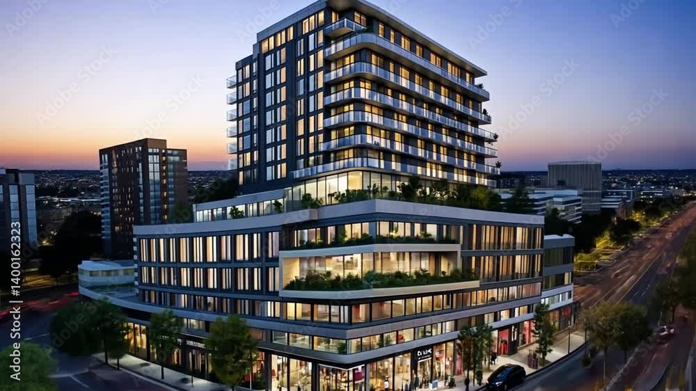 Modern urban living: architectural showcase of upscale apartments and shopping complex