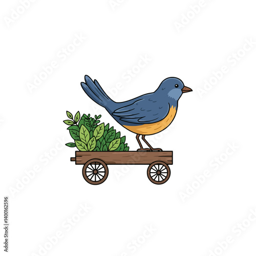 Bluebird on a cart with greenery illustration