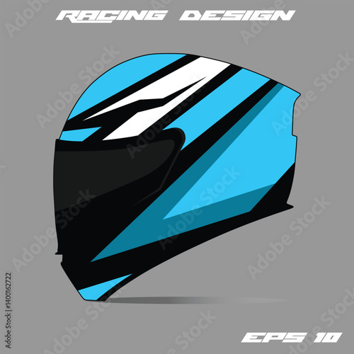 Stylish racing helmet design featuring blue and black geometric patterns on a gray background
