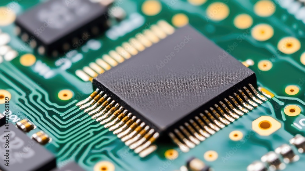 A close-up view of a circuit board featuring a black microchip and intricate wiring, highlighting advanced technology in electronics.