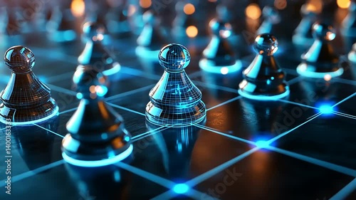 Futuristic chess game with glowing pawns on a digital board, highlighting strategy and competition